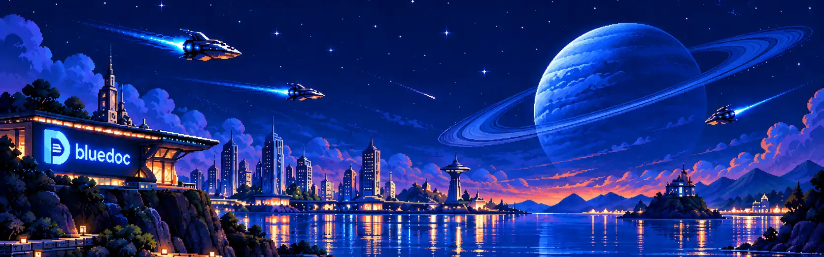 Pixel art of a bay at night: a ringed planet over the water, ships with engine trails, and a city whose rooftop billboard reads “bluedoc”.
