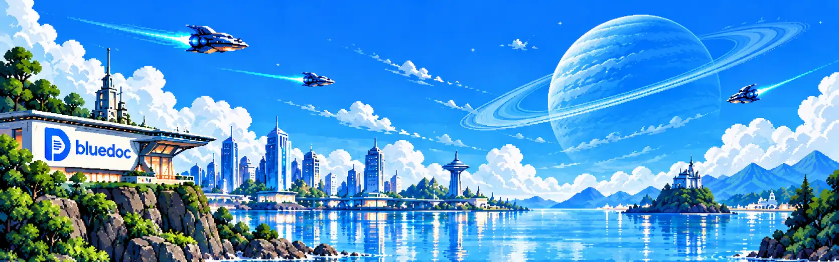 Pixel art of the same bay by day: a ringed planet in a blue sky, ships, clouds and the city’s “bluedoc” billboard.