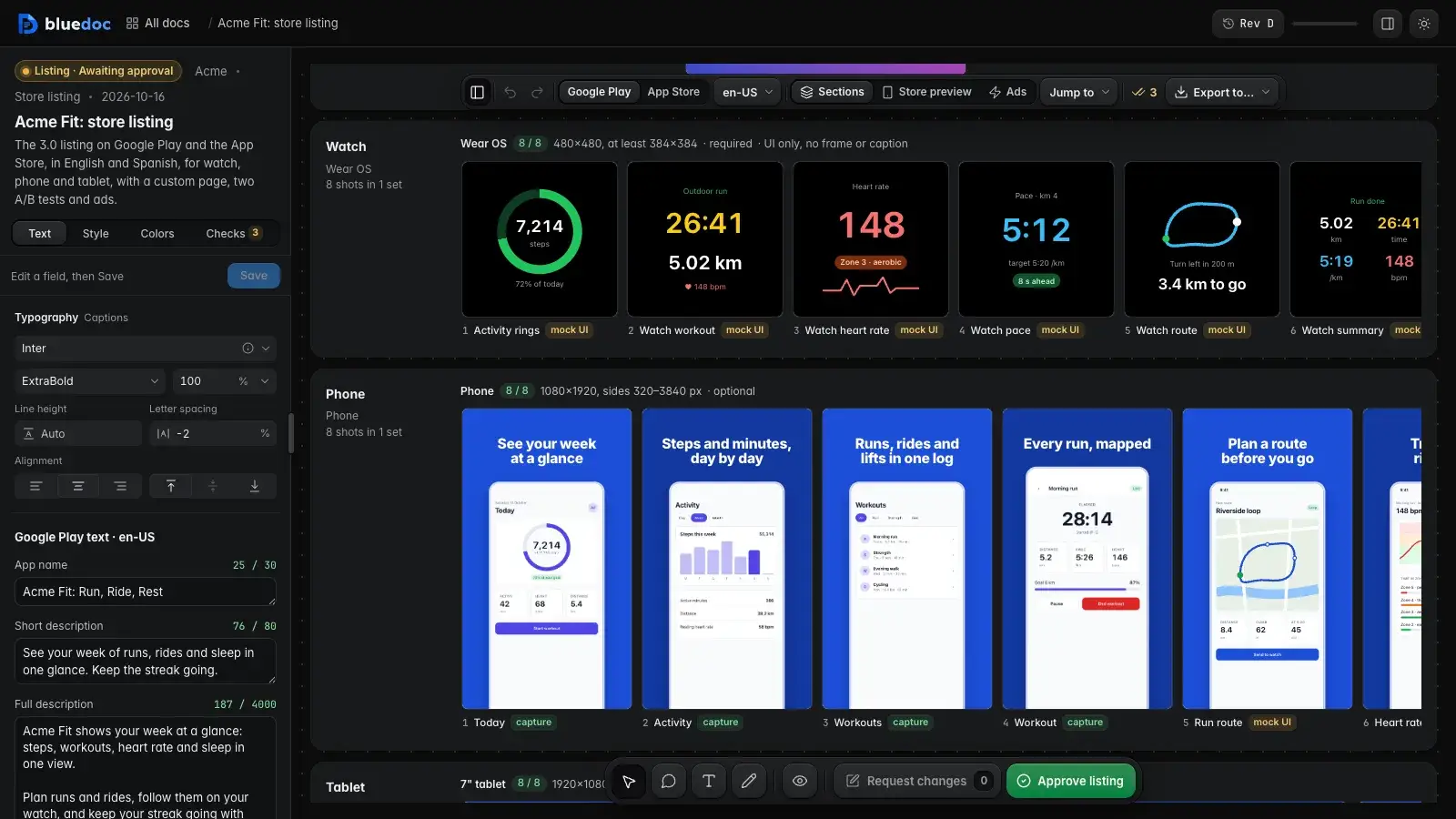The Acme Fit store listing on Google Play: the Text tab with the caption Typography and the store text with its counters, the toolbar’s platform switch, locale menu and Export to…, and the Wear OS and phone screenshot sets.